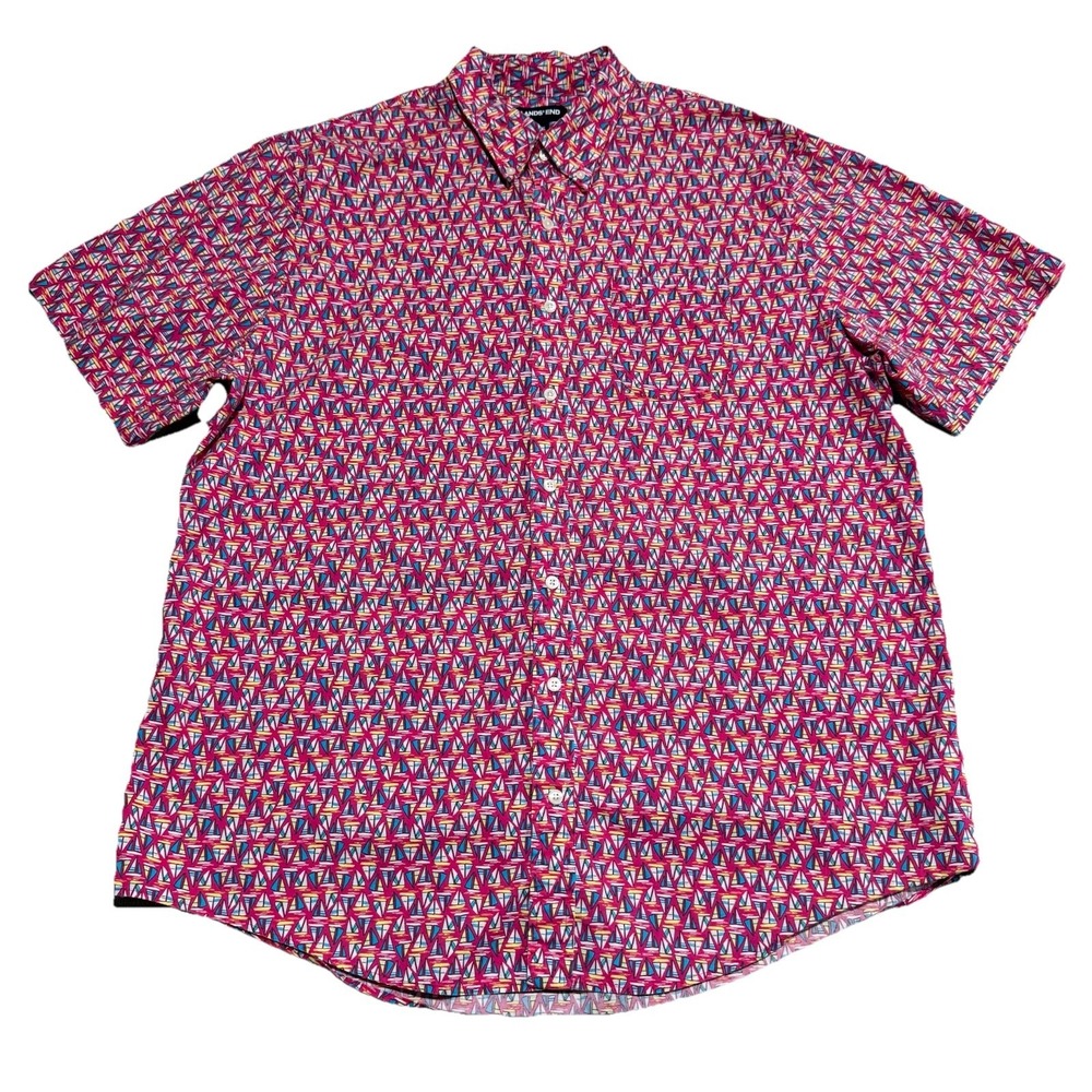 Lands End Button Up Shirt Mens XL/Tall Pink AOP Sail Boat Nautical Resort Preppy